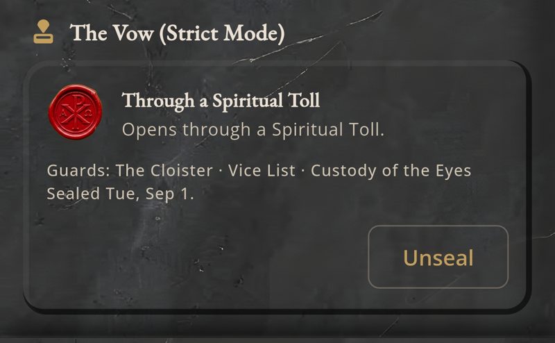 A Vow sealed in red wax, guarding the Cloister, the Vice List, and Custody of the Eyes
